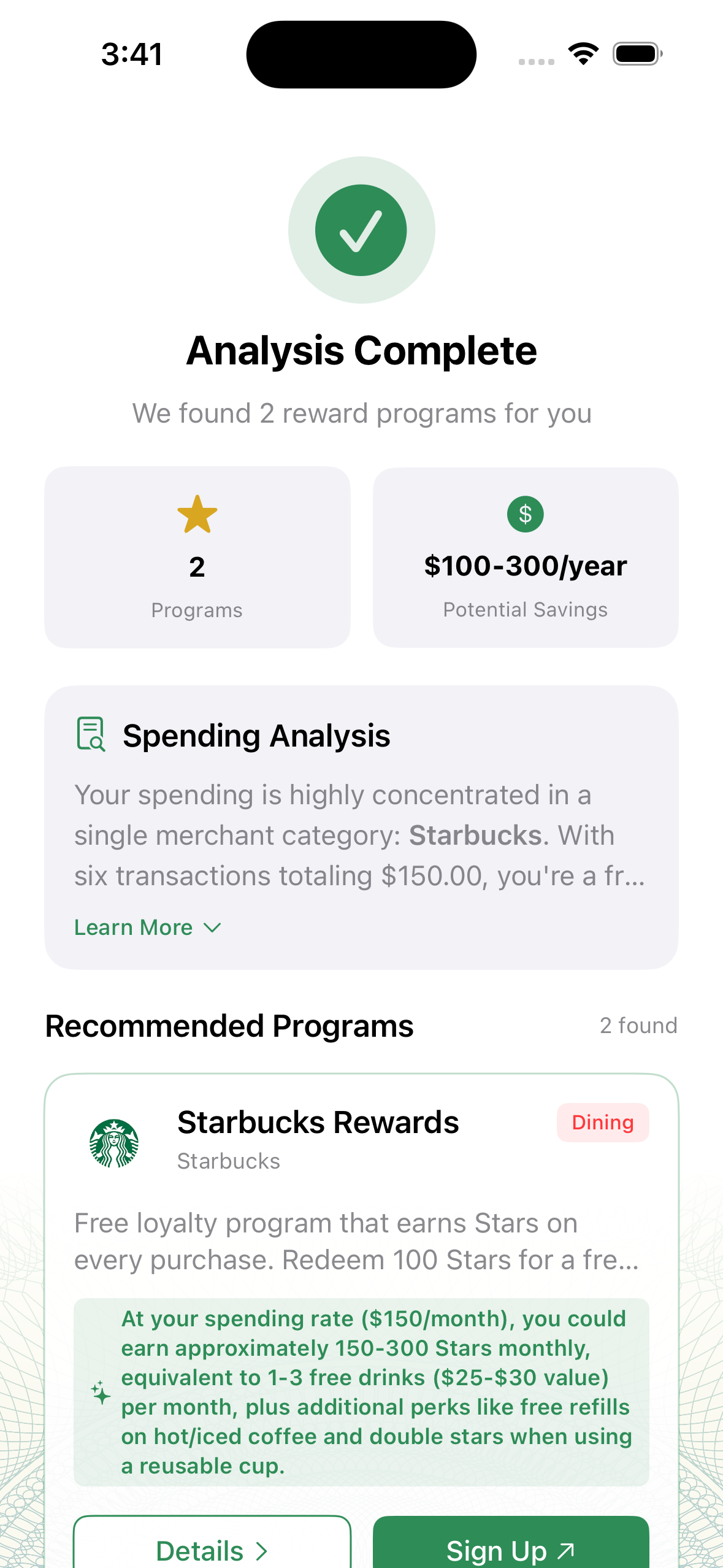 Rewards Finder app showing AI-powered analysis results with personalized rewards program recommendations